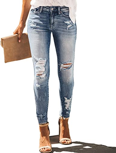 Photo 1 of Allimy Women's High Rise Skinny Stretch Ripped Jeans High Waisted Destroyed Denim Pants
