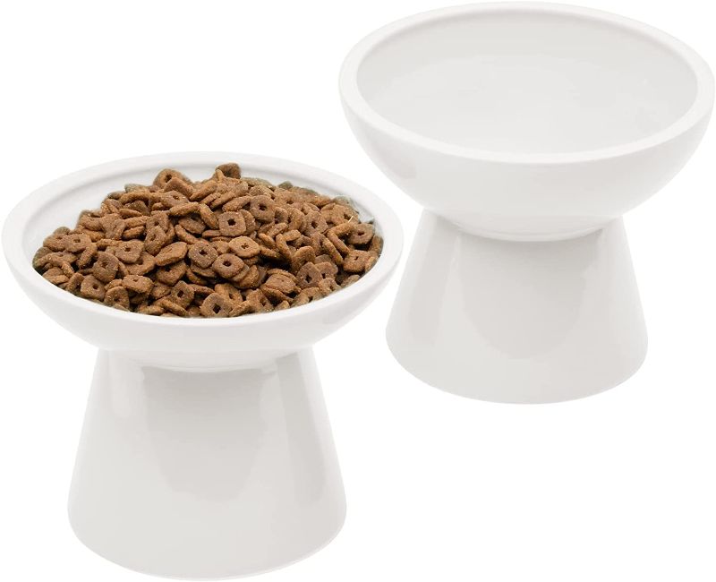 Photo 1 of 2 Extra Wide Raised Cat Food Bowl, Elevated Cat Bowls Anti-Vomiting Cat Feeder Whisker Stress-Fre Dog Two Bowls Ceramic Cat Feeding Bowls White
