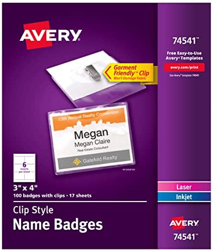 Photo 1 of Avery Clip Name Tags, Print or Write, 3" x 4", 100 Inserts & Badge Holders with Clips (74541)
