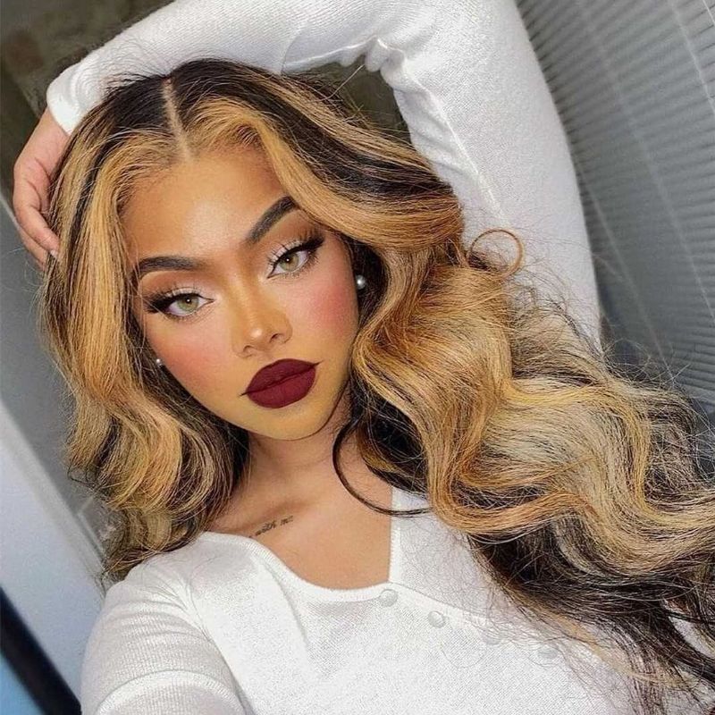 Photo 1 of Body Wave Style Highlight Ombre Lace Frontal Wig Human Hair Wigs  Brown with Honey Blonde Color for Black Women Pre Plucked Hairline 150% Density by Aorbige (13x6x1 T Part, 22Inch)
