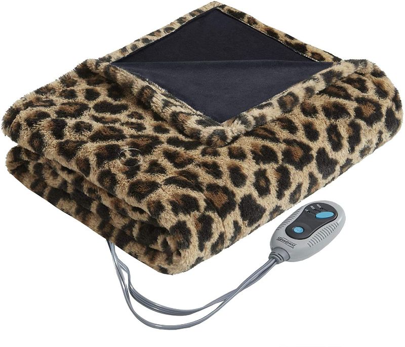 Photo 1 of Beautyrest Brushed Long Fur Electric Throw Blanket Ogee Pattern Warm and Soft Heated Wrap with Auto Shutoff, 50 in x 60 in, Leopard
