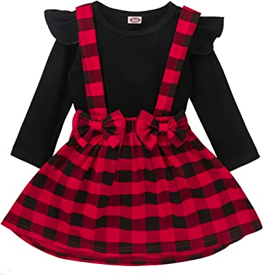 Photo 1 of Baby Christmas Outfit Toddler Girl Ruffle Long Sleeve T-Shirt Plaid Overall Skirt Set- SIZE 3-4T