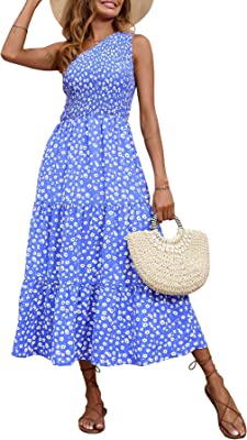 Photo 1 of BTFBM Women One Shoulder Sleeveless Casual Summer Dresses Smocked High Waist Floral Print Boho Pleated Swing Maxi Long Dress
SIZE MED 