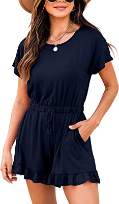 Photo 1 of ANRABESS Women's Summer Crewneck Casual Loose Short Sleeve Jumpsuit Rompers One Piece Pajamas Loungewear with Pockets
 MEDIUM 