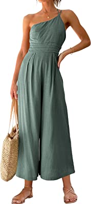 Photo 1 of ANRABESS Women's Summer Straps One Shoulder Pleated High Waist Casual Wide Leg Jumpsuit Romper with Pockets
SIZE SMALL