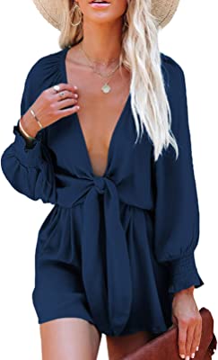 Photo 1 of AlvaQ Long Sleeve Rompers for Women Dressy Tie Knot Front V Neck Short Jumpsuits,S-2XL
LARGE 