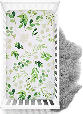 Photo 1 of Crib Sheet Set Jersey Cotton, Fitted Cotton Baby & Toddler Universal Crib Sheets, Green Leaves
