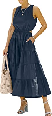 Photo 1 of ANRABESS Womens Summer Sleeveless Cutout Maxi Dress Crewneck Tiered Flowy A-Line Sundress with Pockets
XL