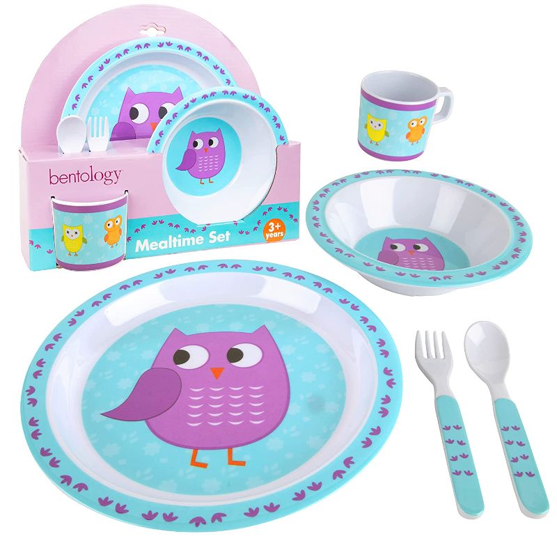 Photo 1 of 5 Pc Mealtime Baby Feeding Set for Kids and Toddlers - Includes Plate, Bowl, Cup, Fork and Spoon Utensil Flatware - Durable, Dishwasher Safe, BPA Free - Owl
