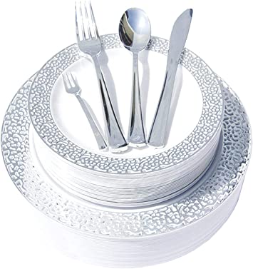 Photo 1 of 150 Pieces Disposable Plastic Dinner Plates, Elegant Lace Style Plastic Dinnerware Set Include 25 Dinner Plates, 25 Salad Plates, 25 Forks, 25 Knives, 25 Spoons, 25 Mini Forks
