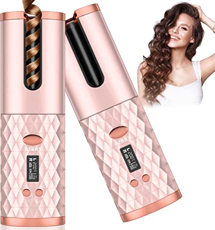 Photo 1 of Automatic Curling Iron, Cordless Auto Hair Curler with 6 Temps & Timers, Rechargeable Ceramic Barrel Hair Curlers, Portable Rotating Curling Wave Wand Styling Tool, Auto Shut Off (Pink)