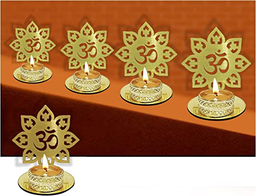 Photo 1 of SATVIK 4PC Set OM Shadow Diya for Diwali Decoration Gift Traditional Decorative Statue for Home/Office Religious Tea Light Candle Holder Stand Indian Housewarming Return Gift Items OM Shape