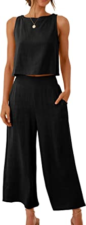 Photo 1 of ANRABESS Women's Summer 2 Piece Outfits Sleeveless Tank Crop Button Back Top Cropped Wide Leg Pants Set Pockets
