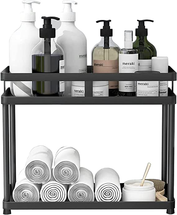 Photo 1 of Under Sink Organizer and Storage,2 Tier Metal Under Sink Organizer, Bathroom Organizer,Baskets with Hooks,Black Multi-purpose Under Sink Shelf Organizer for Bathroom Kitchen.
