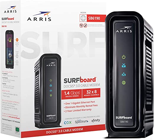 Photo 1 of ARRIS SURFboard SB6190 DOCSIS 3.0 32 x 8 Gigabit Cable Modem | Comcast Xfinity, Cox, Spectrum | 1 Gbps Port | 800 Mbps Max Internet Speeds | Easy Set-up with SURFboard Central App | 2 Year Warranty
