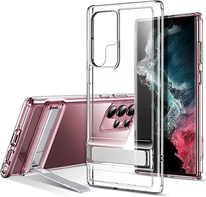 Photo 1 of ESR Metal Kickstand Case Compatible with Samsung Galaxy S22 Ultra (6.8 Inch) (2022), Versatile Patented Kickstand, Crystal Clear Scratch-Resistant Back Cover, Clear
