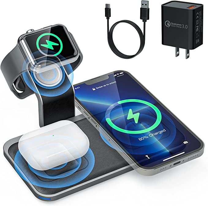 Photo 1 of Portable Wireless Charging Station,3 in 1 Qi Certified 15W Fast Wireless Charger Pad for iPhone AirPods Android Phones with Detachable Charging Dock Stand for Apple Watch?QC 3.0 Adapter Included?
