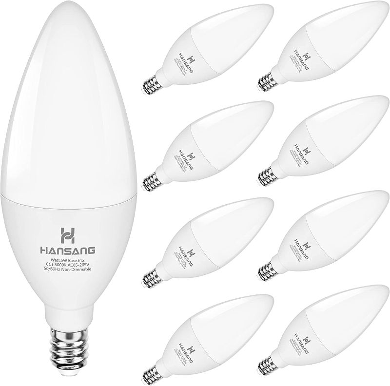 Photo 1 of LED Candelabra Light Bulbs E12 Small Base Daylight 5000K, Hansang Type B Shape Light Bulb 60w Equivalent, 500LM Small Candelabra Base B11 Light Bulb for Chandelier Ceiling Fan 120V Non-Dimmable 8 Pack
