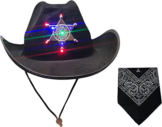 Photo 1 of Black Sheriff Cowboy Hat with Light Up Blinking Badge for Child and Adult with Chin Strap with Paisely Bandana
