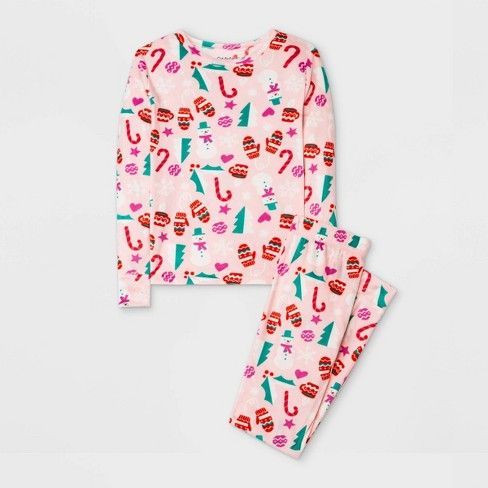 Photo 1 of Girls' 2pc Snuggly Soft Festive Icons Print Pajama Set - Cat & Jack™ Pink Size 8
