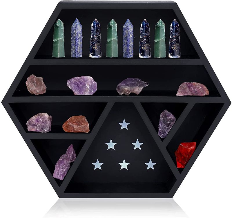 Photo 1 of Crystal Shelf Moon Star Shelf Coffin Theme Display Hexagon Shaped Floating Wall Shelves,Crystal Holder-Star Flag Designs for Table or Wall,Stones-Essential Oils -Boho Decor
