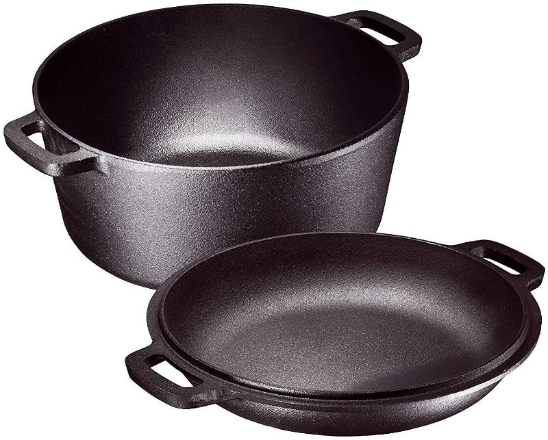 Photo 1 of Bruntmor Pre-Seasoned 2 In 1 Cast Iron Pan 5 Quart Double Dutch Oven Set and Domed 10 inch 1.6 Quart Skillet Lid, Open Fire Stovetop Camping Dutch Oven, Non-Stick
