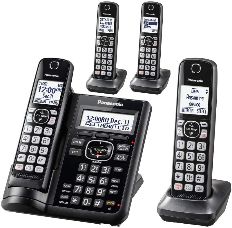 Photo 1 of Panasonic Cordless Phone System with Answering Machine, One-Touch Call Block, Enhanced Noise Reduction, Talking Caller ID and Intercom Voice Paging - 4 Handsets - KX-TGF544B (Black)
