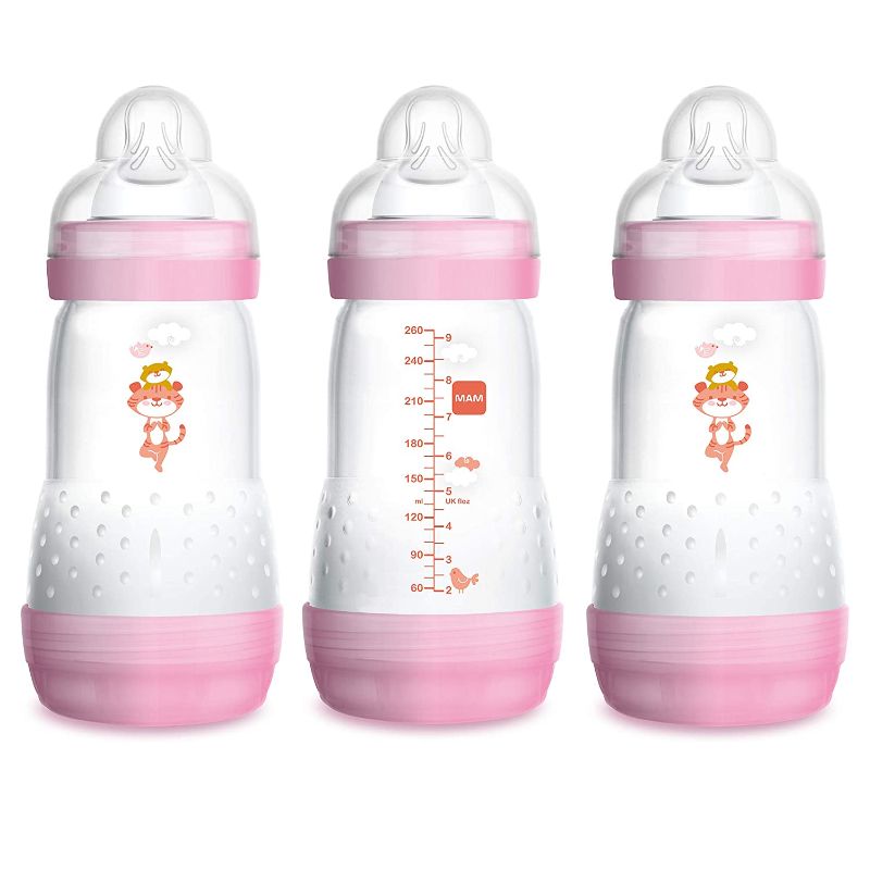 Photo 1 of MAM Easy Start Anti-Colic Bottle 9 oz (3-Count), Baby Essentials, Medium Flow Bottles with Silicone Nipple, Baby Bottles for Baby Girl, Pink
