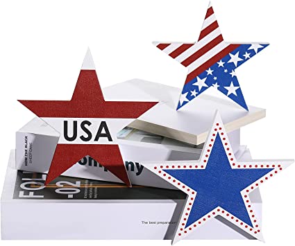 Photo 1 of  3 Pieces 4th of July Wooden Star Signs Independence Day Star Decor Patriotic Tiered Tray Decor Labor Day Farmhouse Natural Wood Table Sign Decor for 4th of July Home Decoration(Fresh Style)