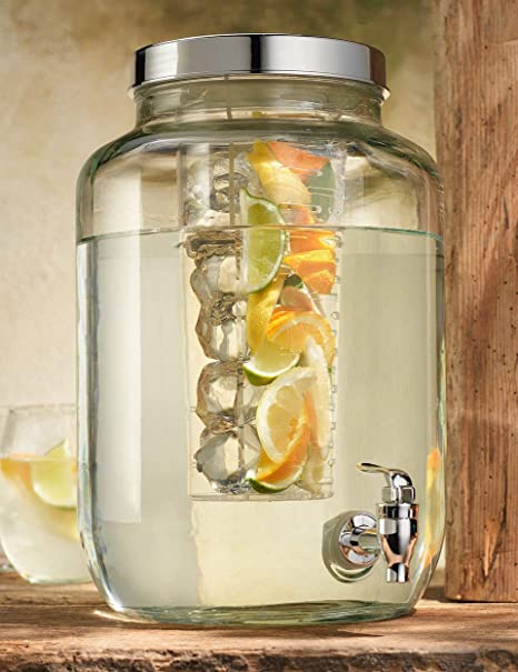 Photo 1 of 2 Gallon Ice Cold Clear Glass Beverage Drink Dispenser Mason Jar With Chiller Infuser, Lid & Spigot - Great For Outdoor, Party, & Daily Use
