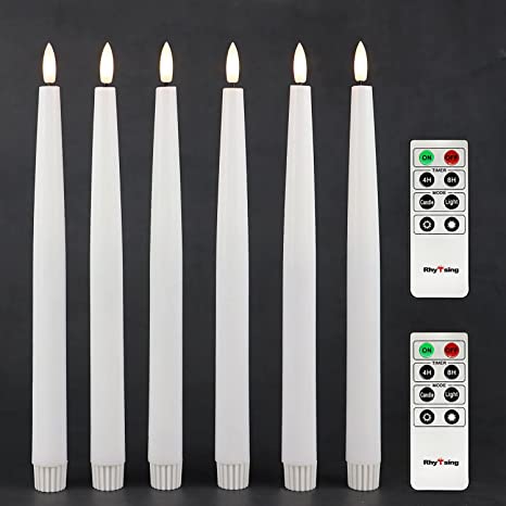 Photo 1 of Rhytsing 11.4" Flameless Taper Candles with Timer Function, Battery Operated Dinner Long Candlestick Rustic Wax, Warm White LED, 2 Remotes Included - Set of 6 (White)
