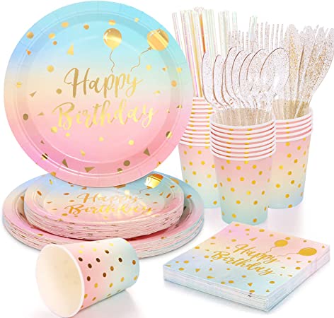 Photo 1 of 200 Pcs Pastel Party Supplies Birthday Party Plates and Napkins Sets,disposable dinnerware set-Rainbow Paper Plate Napkin Cup and Straws,forks,Knives,spoons for Birthday Baby Shower Party Decorations
