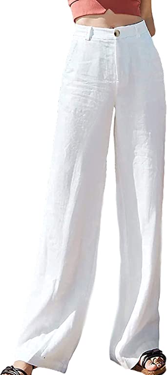 Photo 1 of Ailoqing Womens High Rise Trousers Button Up White Wide Leg Palazzo Pants with Pocket SZ XL
