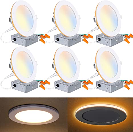 Photo 1 of Mounight 6 Pack Inch LED Recessed Ceiling Light with Night Light, CRI90, 14W=100W, 1200lm, 2700K/3000K/3500K/4000K/5000K Selectable, Dimmable Ultra-Thin Can-Killer Downlight, J-Box (D6JB14W2K-6)
