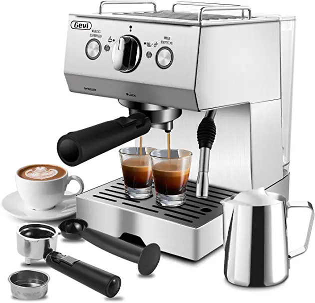 Photo 1 of Gevi 15 Bar Espresso and Cappuccino Machine for Home with Manual Milk Frother, Steam Handle and 50oz Removable Water Tank; silver/stainless colour, 1050 W
