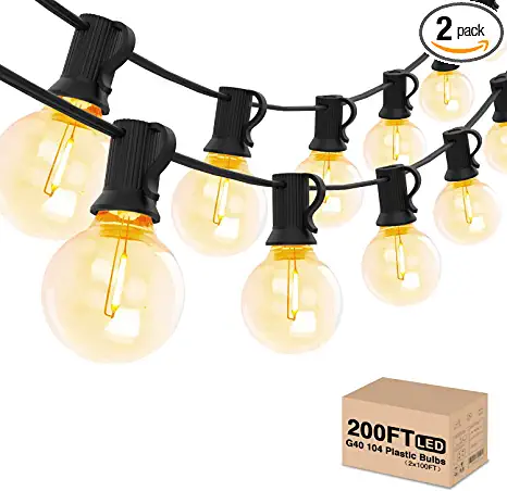 Photo 1 of 200FT LED Outdoor String Lights,Shatterproof Dimmable Patio Lights Waterproof Globe G40 Connectable Hanging Lights with 100+4 Plastic Bulbs for Patio,Backyard,Cafe,Bistro (2×100FT)
