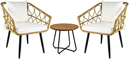 Photo 1 of Amazon Basics Outdoor All-Weather Woven Faux Rattan Chair Set with Cushions and Side Table, Tan - 3-Piece Set
