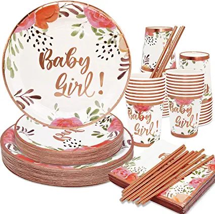 Photo 1 of Baby Girl Plates and Napkins Party Supplies,Girl Baby Shower Decorations Floral Party Supplies Paper Plates, Napkins, Dessert Plates, Disposable Cups for Girls Birthday Tea Party Supplies for 24 Guest
