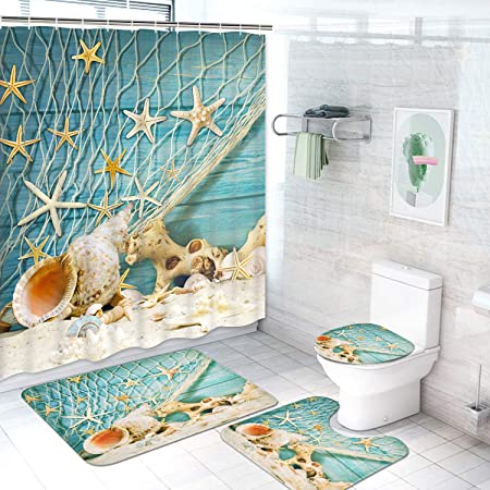 Photo 1 of 4 Pcs Seashell Starfish Shower Curtain Sets with Non-Slip Rug, Toilet Lid Cover and Bath Mat, Ocean Conch Nautical Shower Curtain with 12 Hooks, Waterproof Beach and Fishing Nets Bath Curtain…
