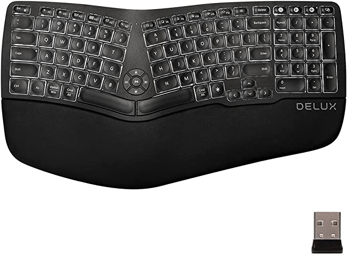 Photo 1 of DELUX Ergonomic Keyboard, Wireless Ergo Split Keyboard with Backlit for Natural Typing and Reduce Hands Pain, USB Receiver, BT5.0, Scissor Switch and Palm Rest for Windows and Mac(GM902A-Black)