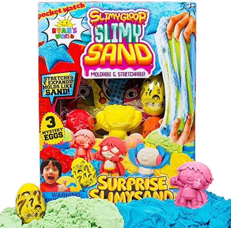 Photo 1 of Horizon Group USA Ryan’s World SlimySand, Includes 6 SlimySand Varieties with Molds. Crack Open 3 Mystery Eggs for Some Stretchable Sand Fun. Multicolored
