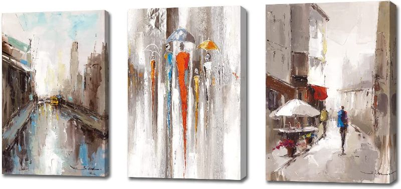 Photo 1 of 3 Panels Set Framed Canvas Wall Art Abstract Walking On Rainy Day City Street Wall Painting Canvas Print for Home Office Bedroom Living Room Decor Artwork 12x16inch