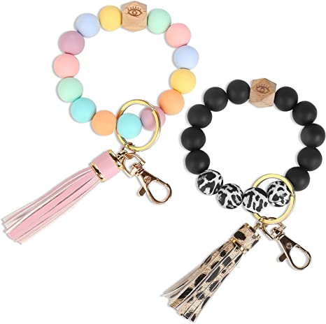 Photo 2 of 2 Pack Keychain Bracelet Silicone Wristlet Stretchy, Key Ring Bracelets with Leather Tassel for Women, Cute Women Beaded Bangle Keychain Wristlet Leather Tassel