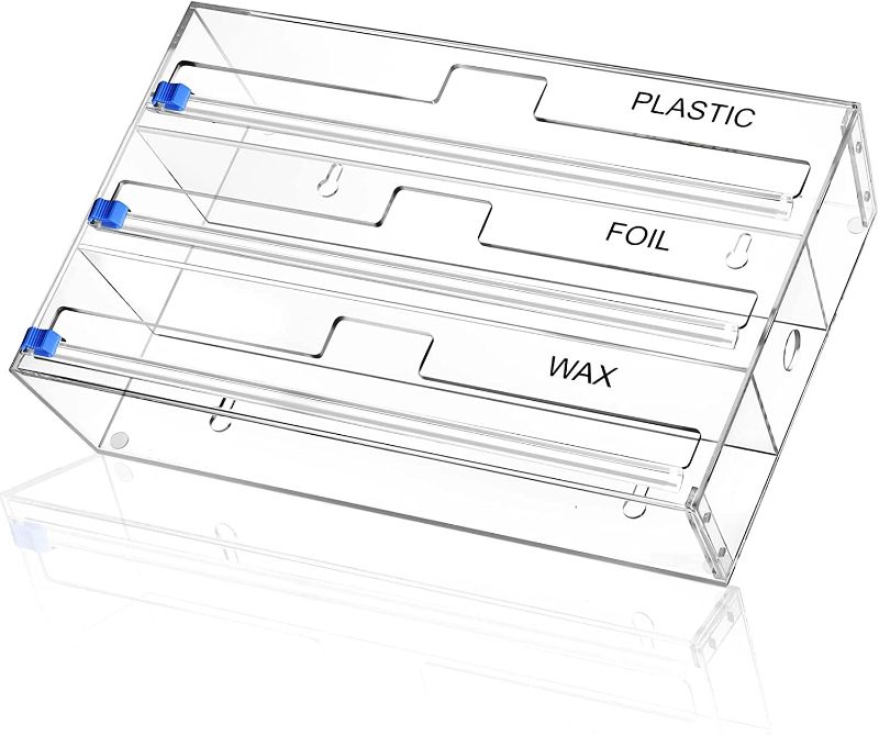 Photo 1 of Acrylic Wrap Dispenser with Cutter, 3 in 1 Kitchen Roll Holder Drawers Organizer Box for Plastic Wrap, Parchment Paper, Aluminum Foil Or Wax Paper, Compatible with 13" Roll…
