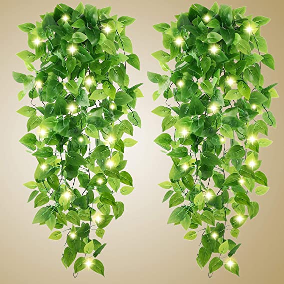 Photo 1 of Artificial Hanging Plants - 2pcs Fake Plants Fake Ivy Vine Fake Ivy Leaves Kitchen Plants with 2pcs 20LED Fairy Lights for Wall House Room Garden Wedding Garland Indoor Outdoor Decoration (No Baskets)
