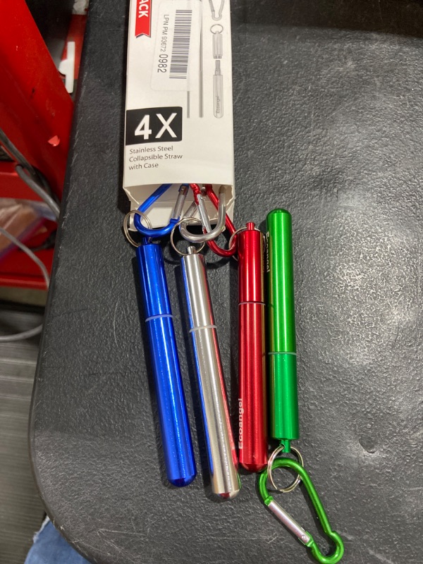 Photo 2 of 4 Pack Portable Reusable Metal Straw Collapsible Stainless Steel Drinking Straw Telescopic Straw to Drink Water Smoothie with Aluminum Key-chain Case and Cleaning Brush ?Silver and blue and red and green?