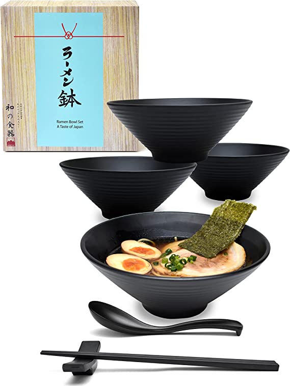 Photo 1 of 4 Sets 30 Ounce Japanese Ramen Noodle Soup Bowl Melamine Hard Plastic Dishware Ramen Bowl Set with Matching Spoon and Chopsticks for Udon Soba Pho Asian Noodles (4, Black, 7.5 inches)
