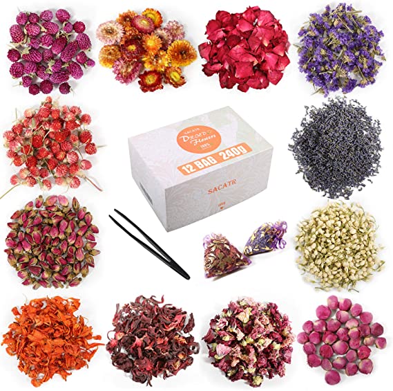 Photo 1 of 20g/Bag Dried Flowers,100% Natural Dried Flowers Herbs Kit for Soap Making, DIY Candle Making,Bath - Include Rose Petals,Lavender,Don't Forget Me,Lilium,Jasmine,Rosebudsand More(12 Bags)
