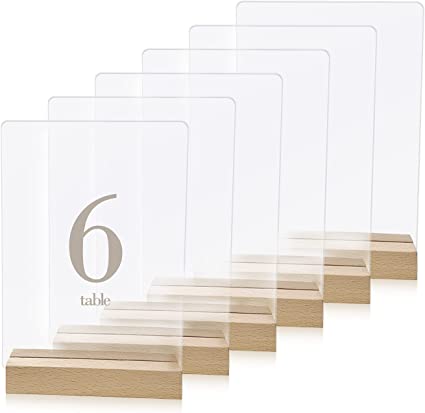 Photo 1 of 6 Pack Clear Blank Acrylic Sheets with Wooden Stands | 5 x 7 Table Numbers Holders Acrylic Wedding Sign with Base | Perfect for Wedding Table Numbers, Card and Gift Signs, Event Party Signs
