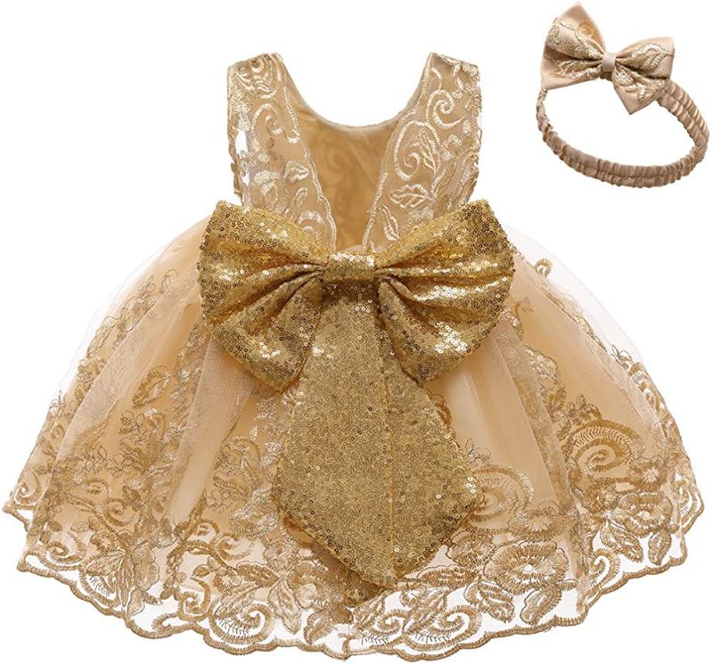 Photo 1 of 0-6T Big Bowknot Sequins Toddler Baby Girls Embroidered Lace Dresses with Headwear
3-6 M 
